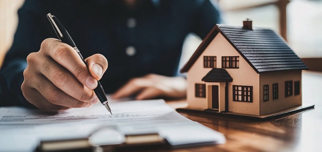 Fotografie eines Immobilienmaklers, der Immobilienverträge mit Kunden durchgeht, mit hochauflösendem Fokus auf die Dokumente und die ausführlichen Erklärungen des Maklers