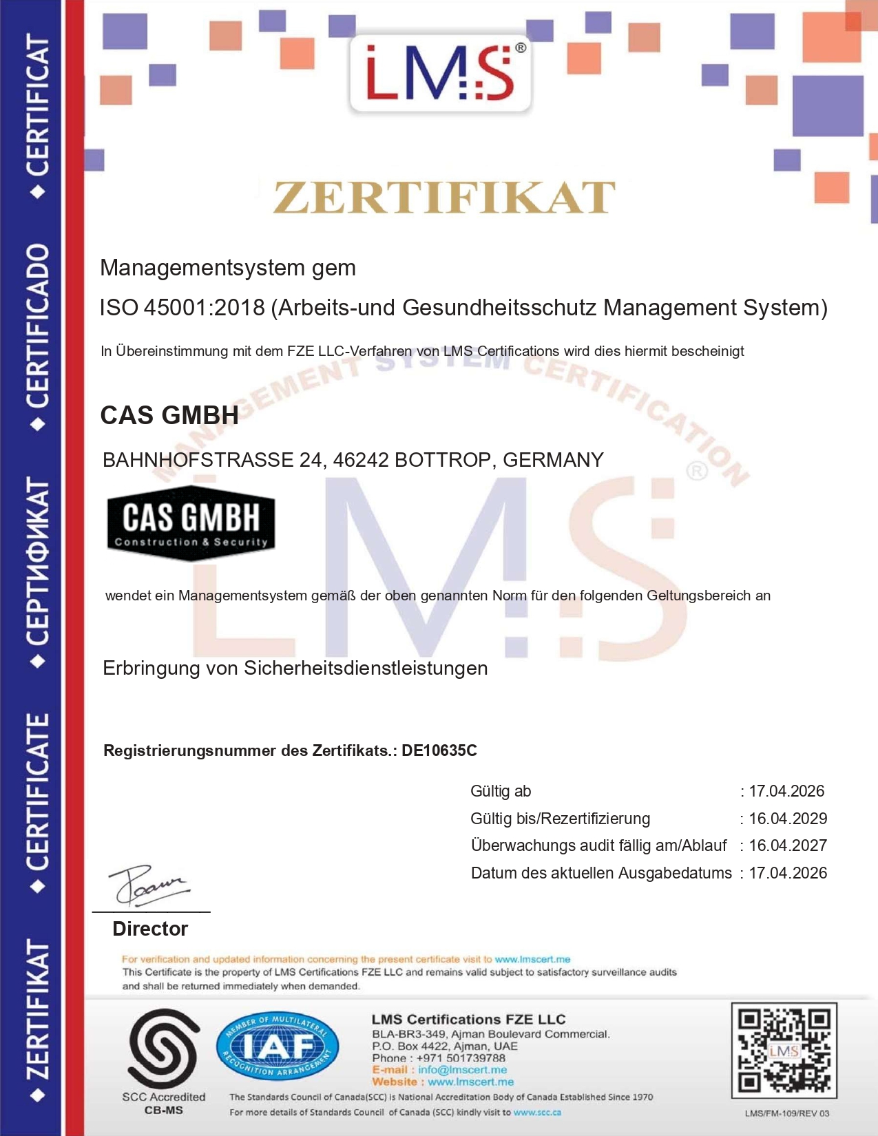 Eine Zertifikatsurkunde für CAS GmbH mit deutschen Texten, grauen Elementen und Logos